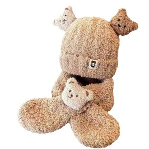 Set Hat Teddy Velvet Bear Scarf Two Piece Cartoon Ear Protection Warm Boys and Girls